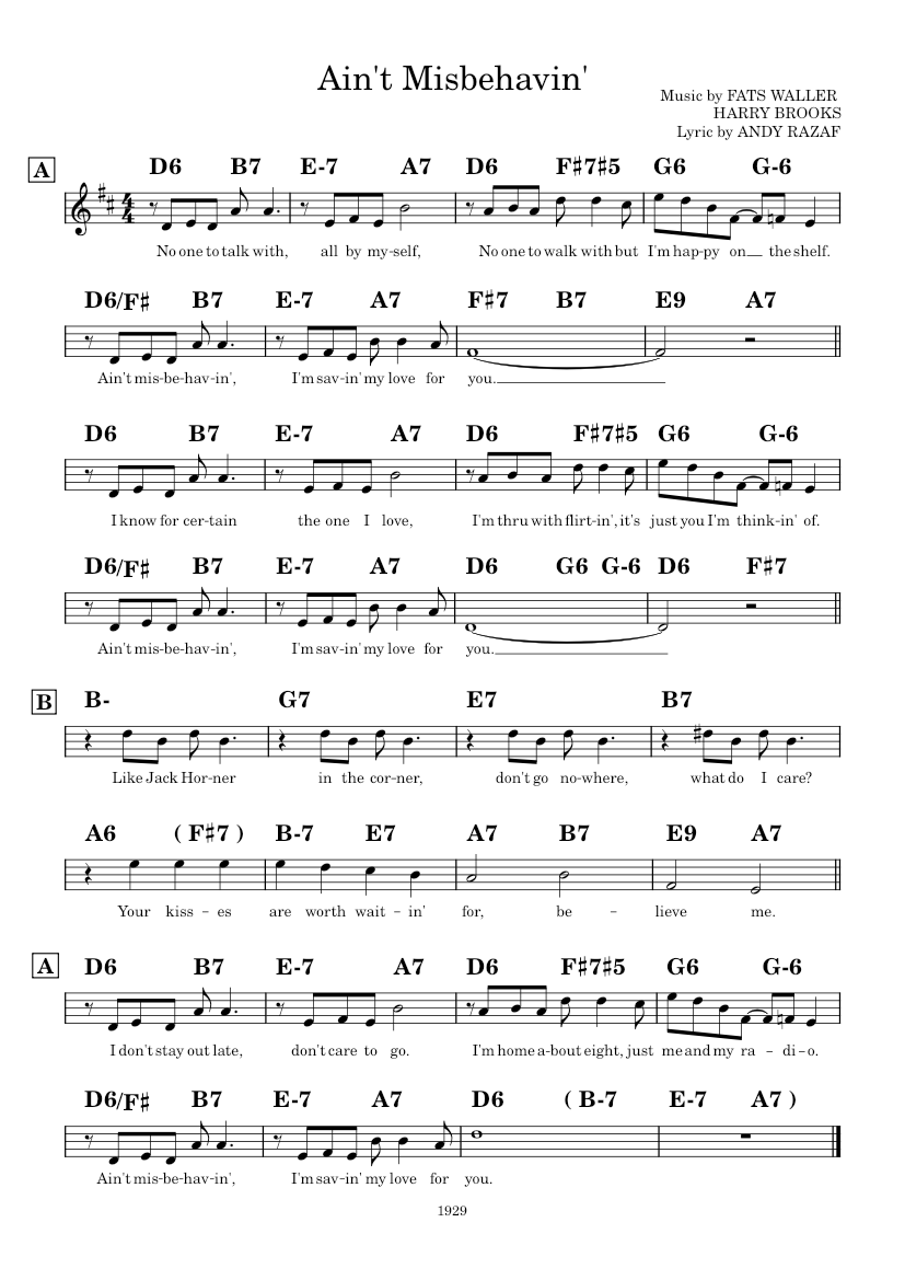 Ain't Misbehavin' – Fats Waller Ain't Misbehavin' Lead Sheet (D