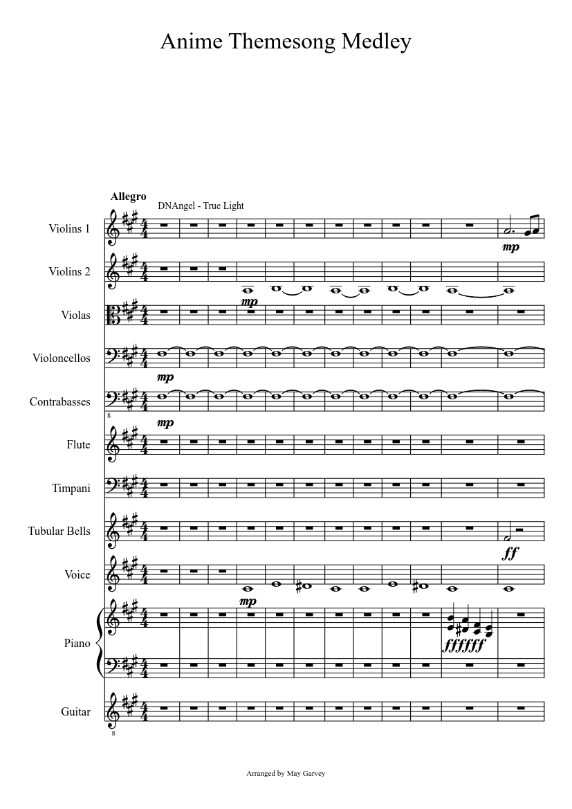 Anime Theme Song Medley Sheet Music For Piano Flute Timpani Guitar More Instruments Mixed Quintet Musescore Com