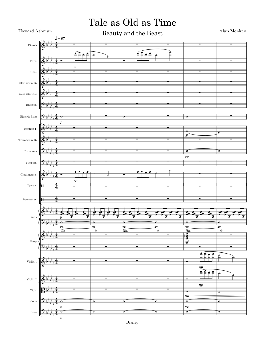 Beauty and the Beast (1991) Sheet Music for Piano, Trombone, Flute