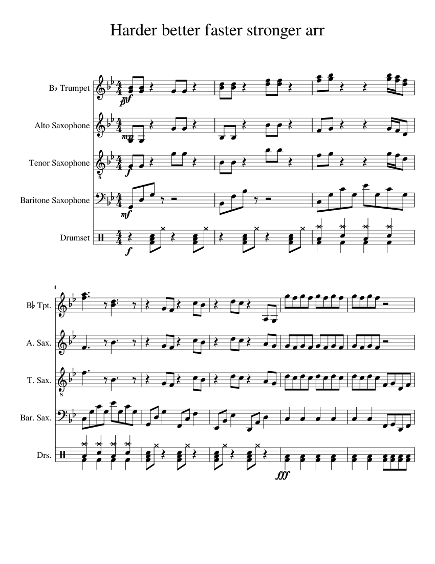 Harder better faster stronger arr Sheet music for Saxophone alto, Saxophone  tenor, Saxophone baritone, Trumpet in b-flat & more instruments (Mixed  Quintet) | Musescore.com