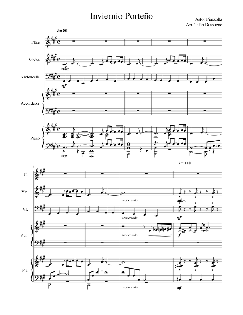4491506 Piazzolla Invierno Porteno quintet version Sheet music for Piano,  Accordion, Flute, Violin & more instruments (Mixed Quintet) | Musescore.com