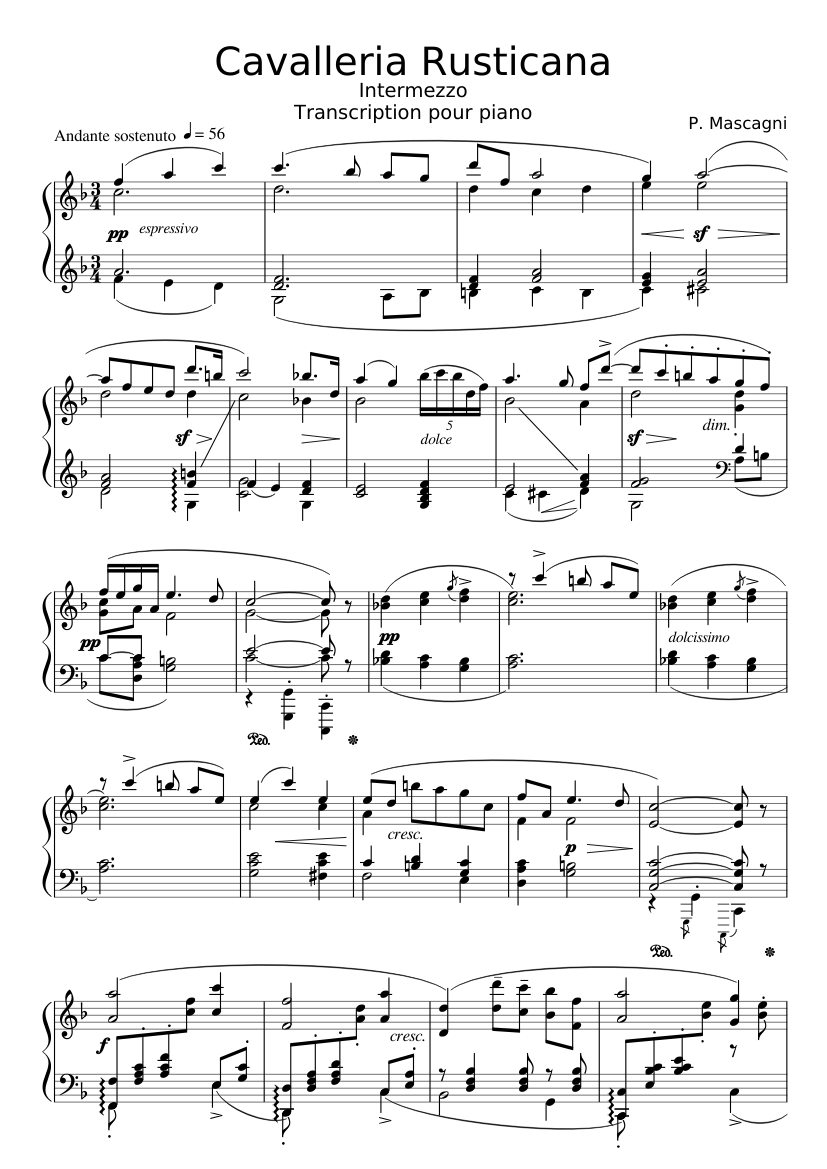 Intermezzo from Cavalleria Rusticana Pietro Mascagni Sheet Music for Piano PA025 