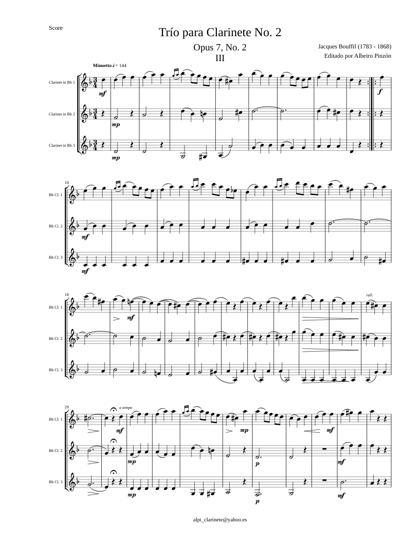 Trío para clarinetes No. 2 3. Minuetto Sheet music for Clarinet in b ...