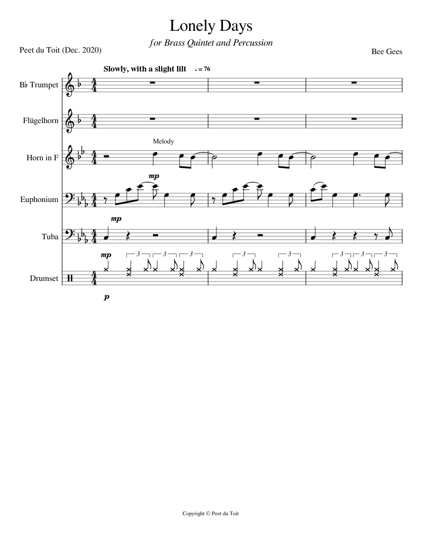 Lonely Days Bee Gees Brass Quintet Percussion Sheet Music For Lonely days bee gees brass quintet percussion sheet music for