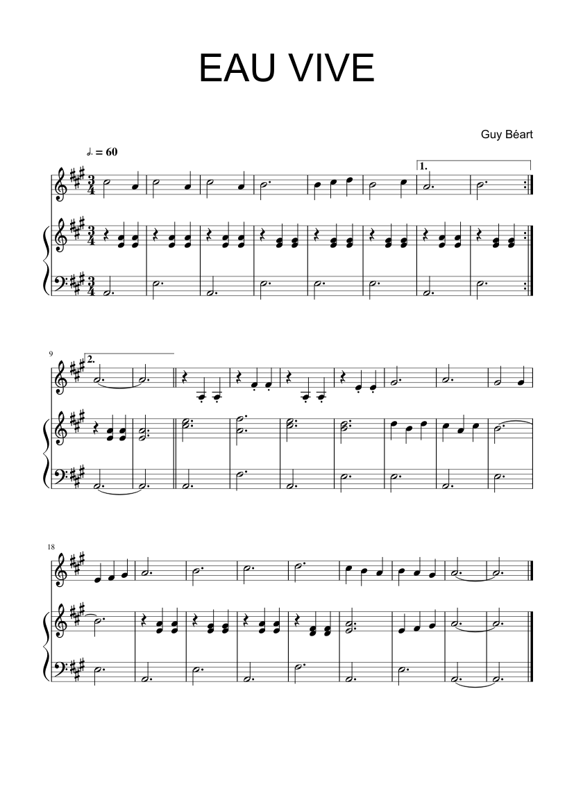 Guy Béart - Eau Vive Sheet music for Piano, Violin (Solo) | Musescore.com