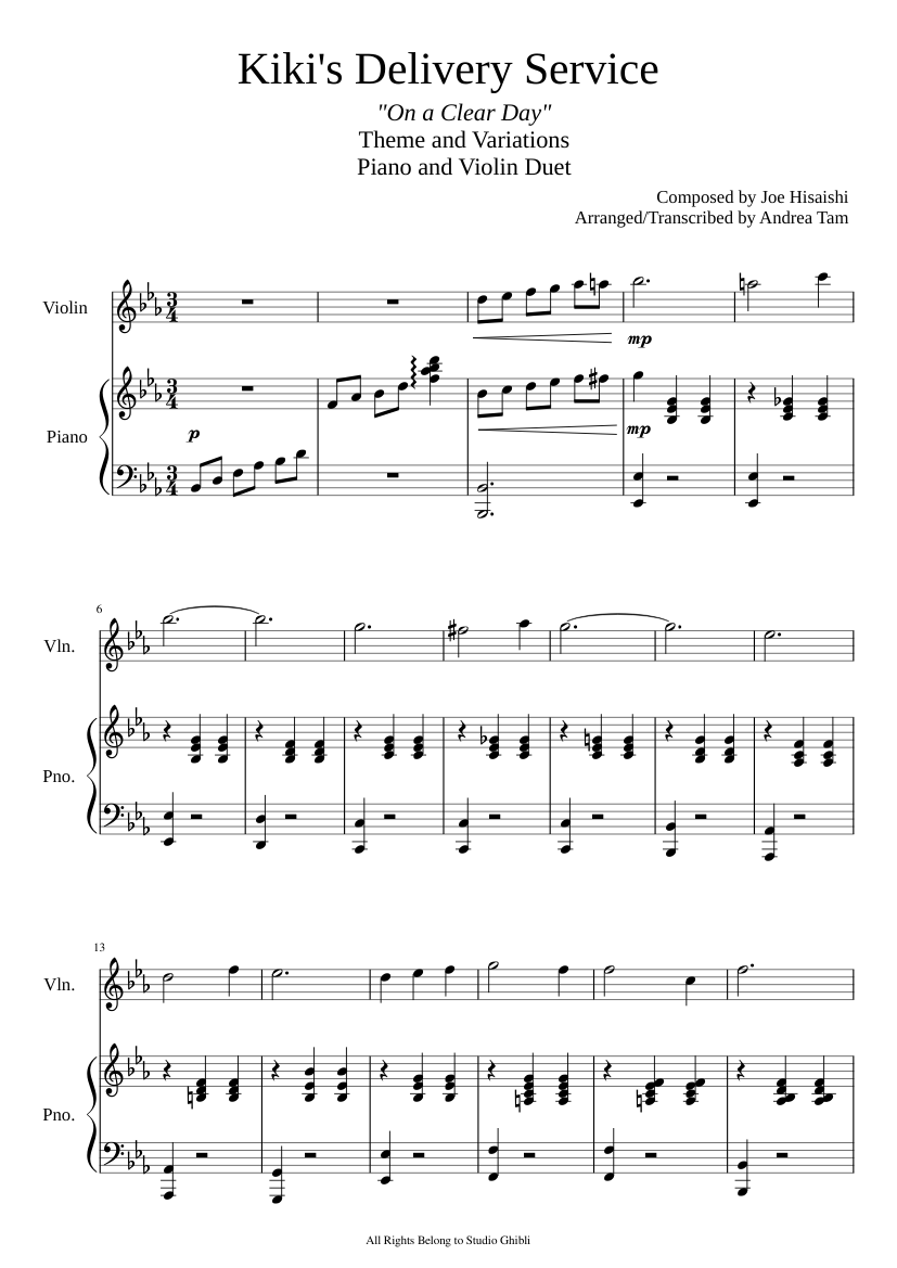 Kiki's Delivery Service for Piano and Violin Duet Sheet Music for Piano ...