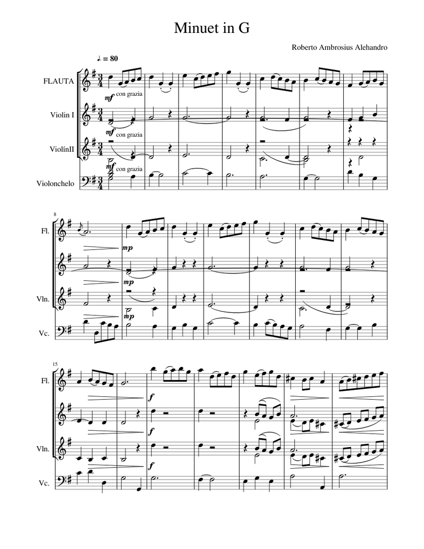 Minuet in G Sheet music for Violin, Flute, Cello (Mixed Quartet) | Musescore.com