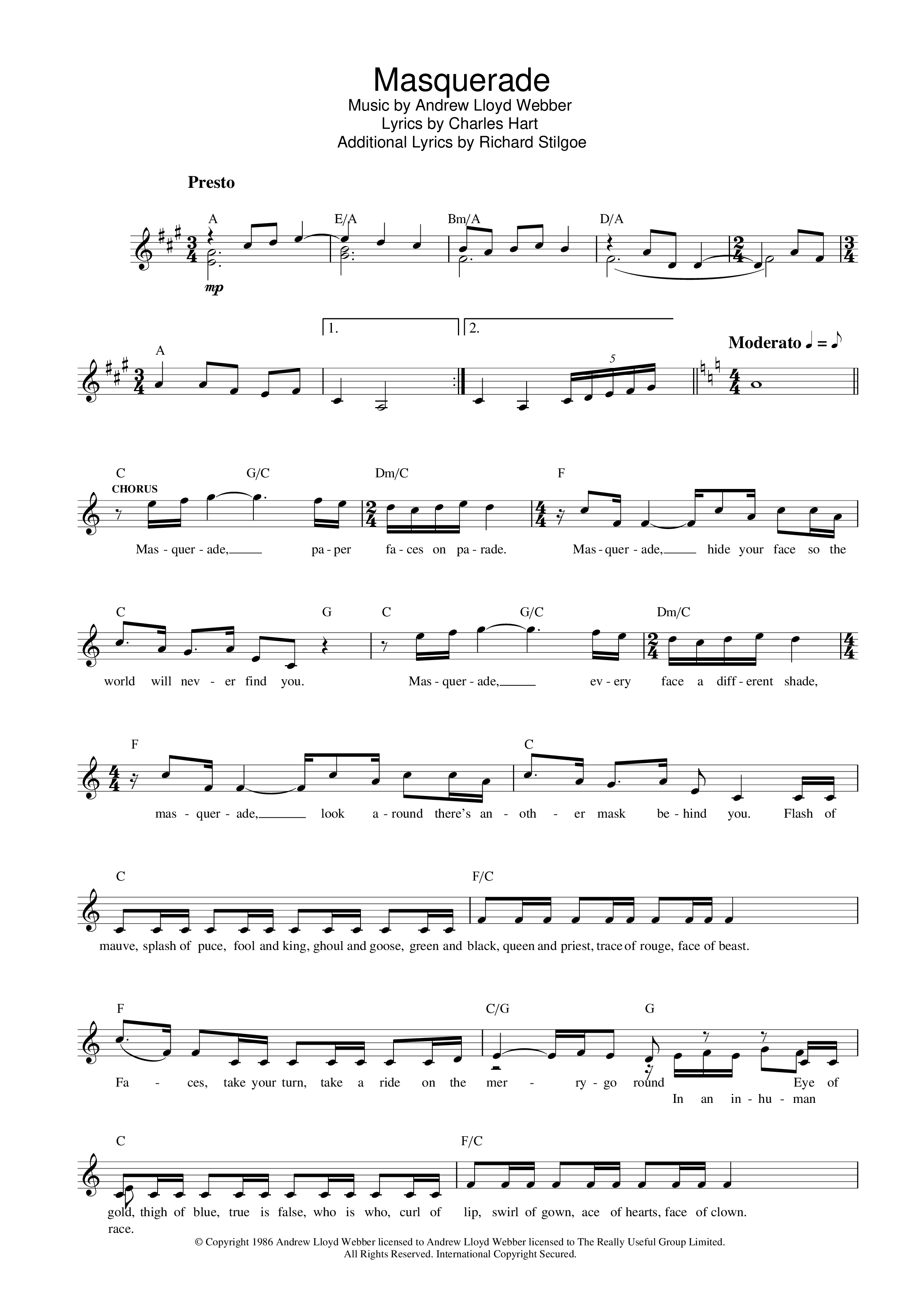 Play Official version of Masquerade Sheet Music by Andrew Lloyd Webber ...