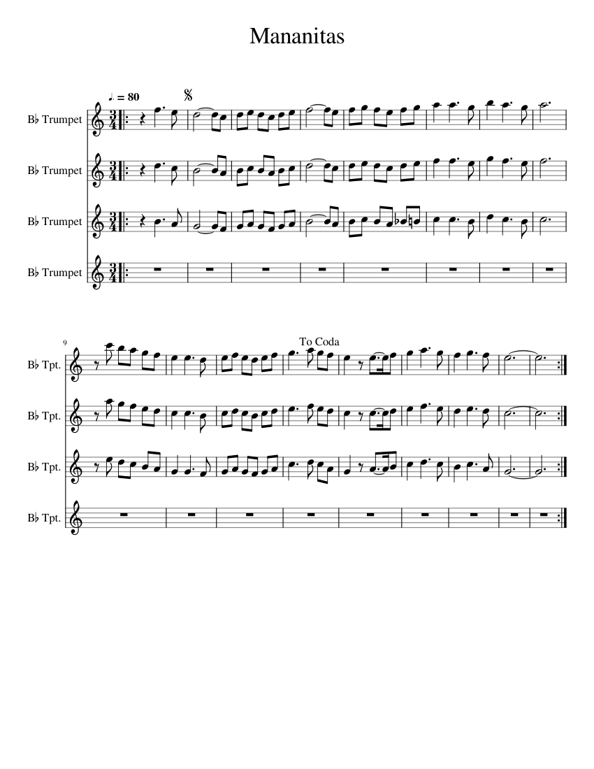 Mananitas Sheet Music For Trumpet In B-flat (Mixed Quartet) | Musescore.com