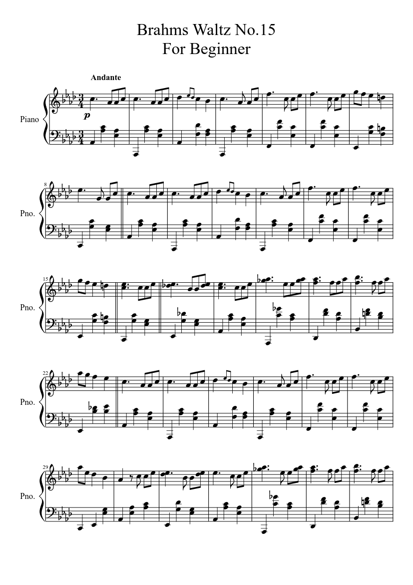 ブラームスのワルツ Op.39, No.15 (非常に簡略化) 楽譜 ピアノ (ソロ