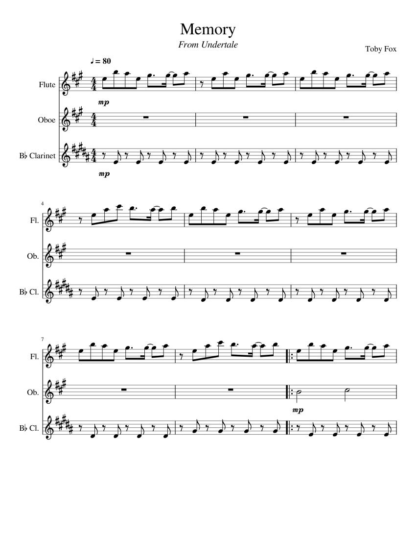 Memory - Undertale (Wind Trio) Sheet music for Flute, Oboe, Clarinet in  b-flat (Mixed Trio) | Musescore.com
