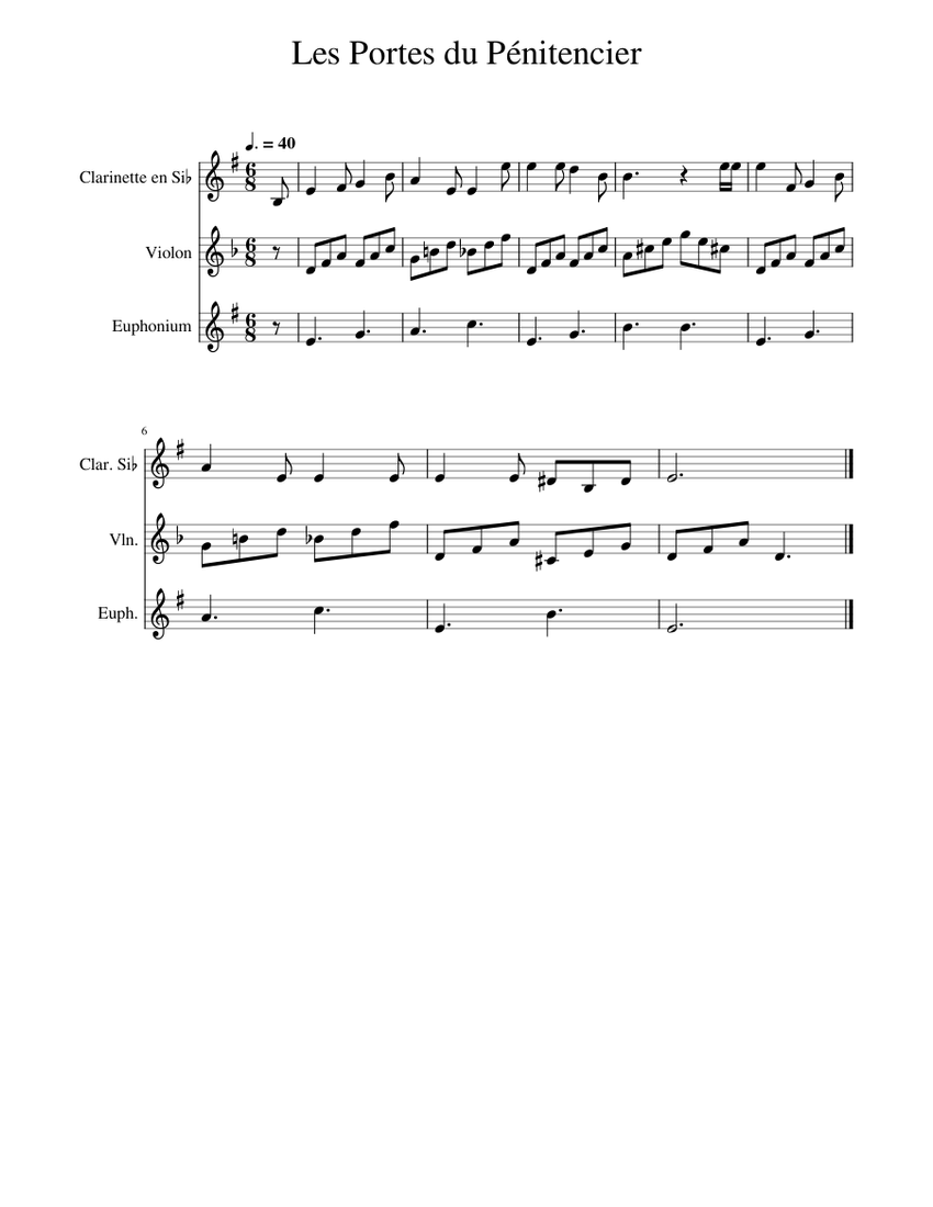 Les Portes du Pénitencier Sheet music for Euphonium, Clarinet in b-flat,  Violin (Mixed Trio) | Musescore.com
