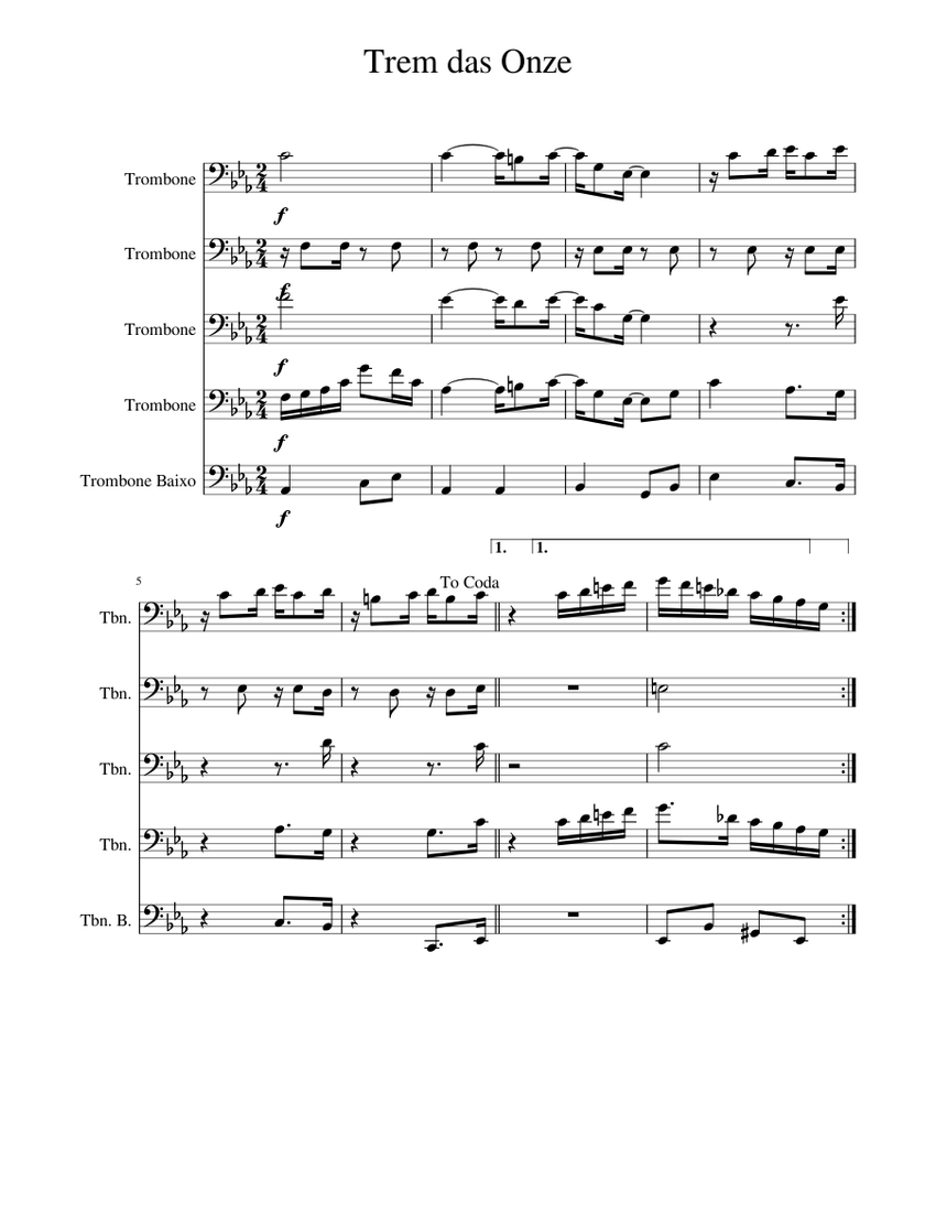 Trem das Onze Sheet music for Trombone, Trombone bass (Mixed Quintet ...