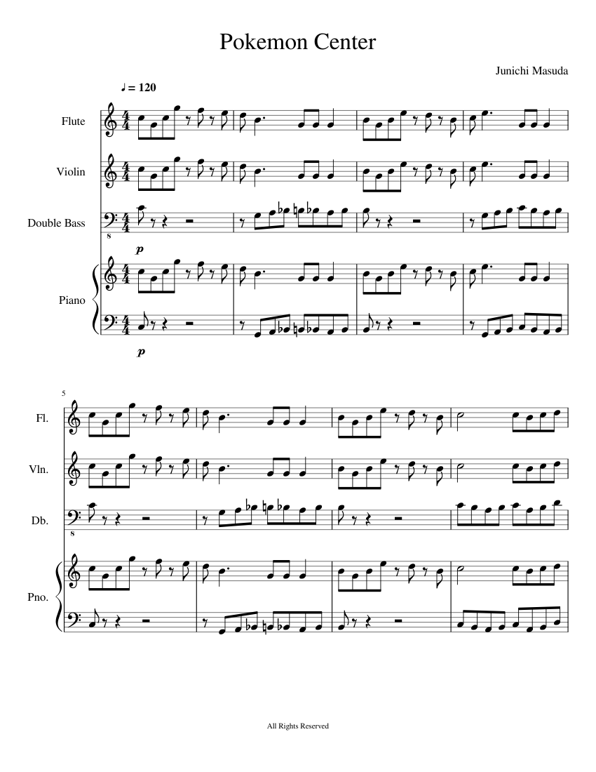 Pokemon Center Theme Sheet music for Piano, Flute, Contrabass, Violin  (Mixed Quintet) | Musescore.com