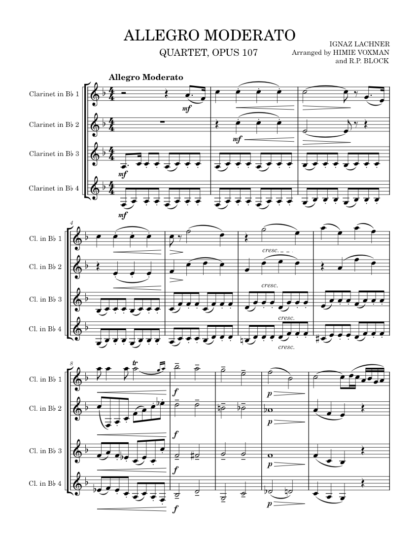 Allegro Moderato from Lachner Quartet Sheet music for Clarinet other ...