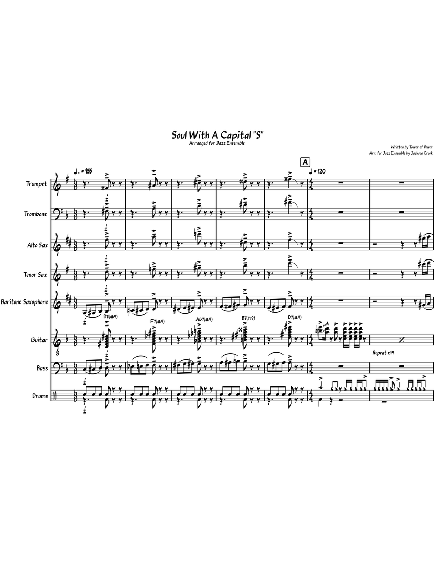 Soul With A Capital S by Tower of Power| Arr. for Jazz Ensemble by Jackson  Crook Sheet music for Trombone, Saxophone alto, Saxophone tenor, Saxophone  baritone, Trumpet in b-flat, Guitar, Bass guitar,