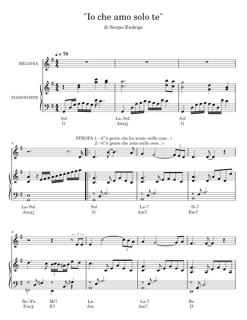 Io che amo solo te - Sergio Endrigo Sheet Music with Chords for Piano ...
