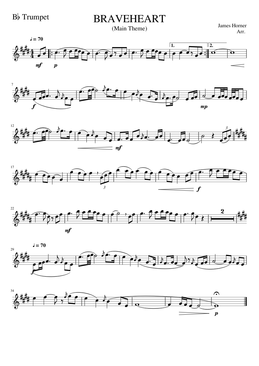 BRAVEHEART Main Theme Brass Quintet origin B Trumpet1 Sheet music for  Trumpet in b-flat (Solo) | Musescore.com