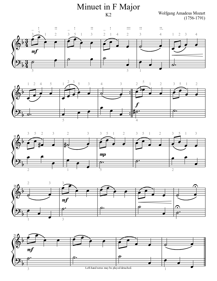 Mozart: Minuet in F Major (K2) (easy) Sheet music for Piano (Solo) |  Musescore.com