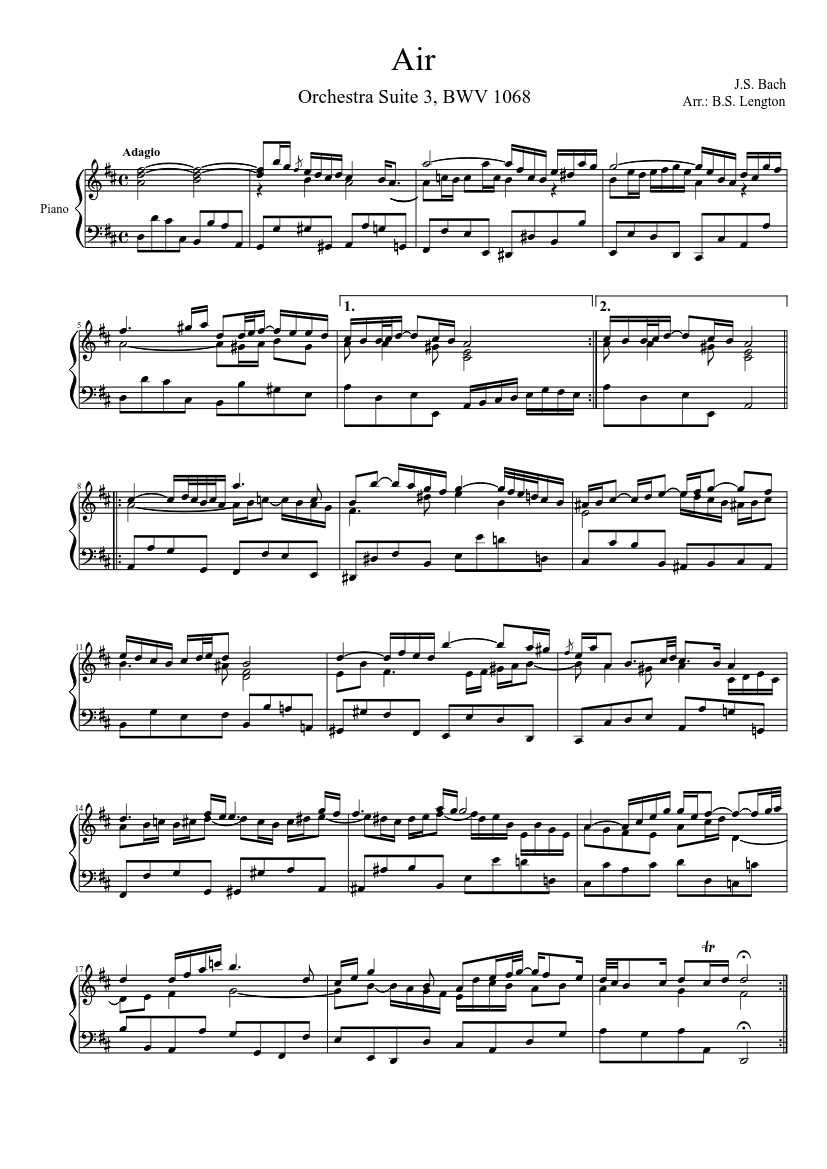 scared Tame Actor J.S. Bach, Orchestra Suite 3 (BWV 1068) - Air Sheet music for Piano (Solo)  | Musescore.com