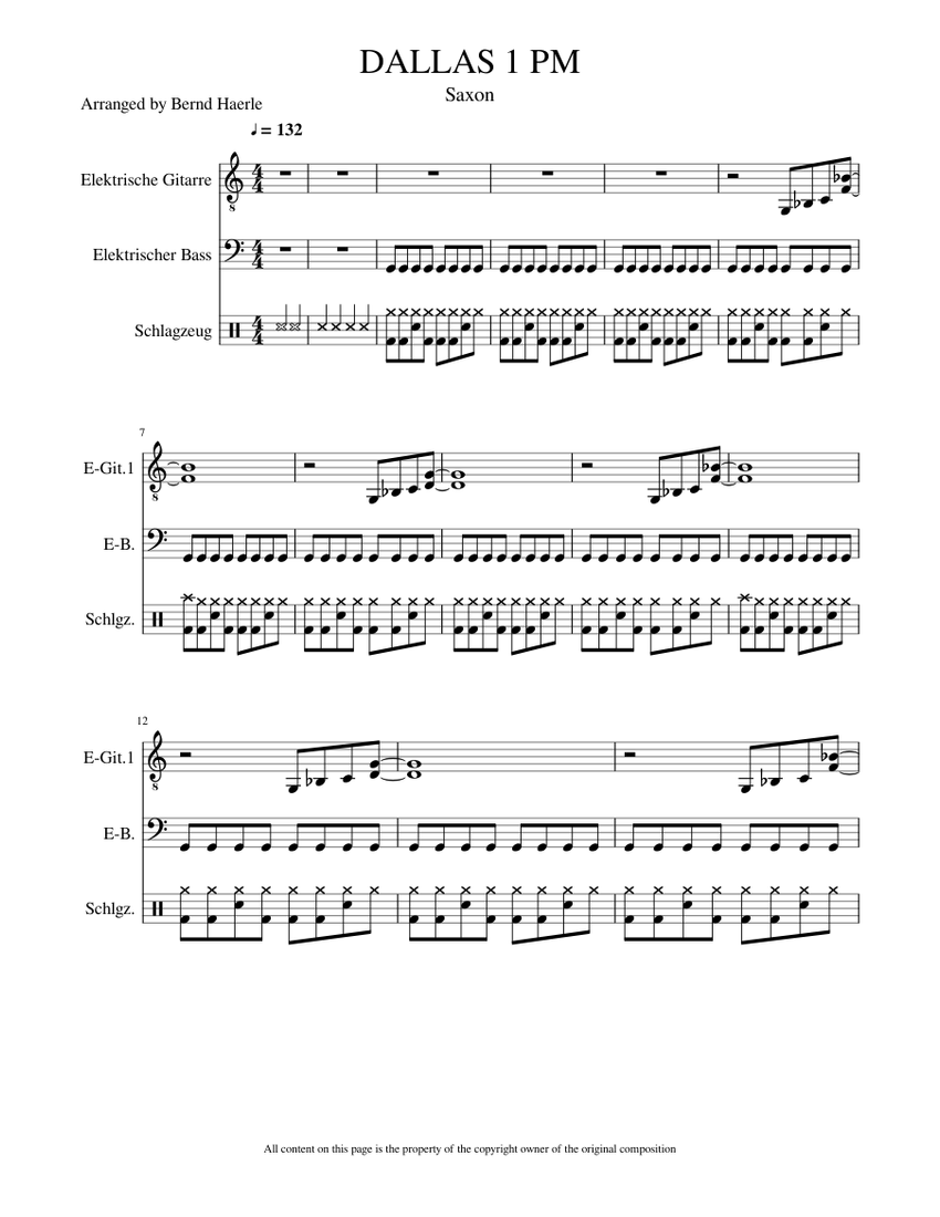 DALLAS 1 PM Sheet music for Guitar, Bass guitar, Drum group (Rock band ...