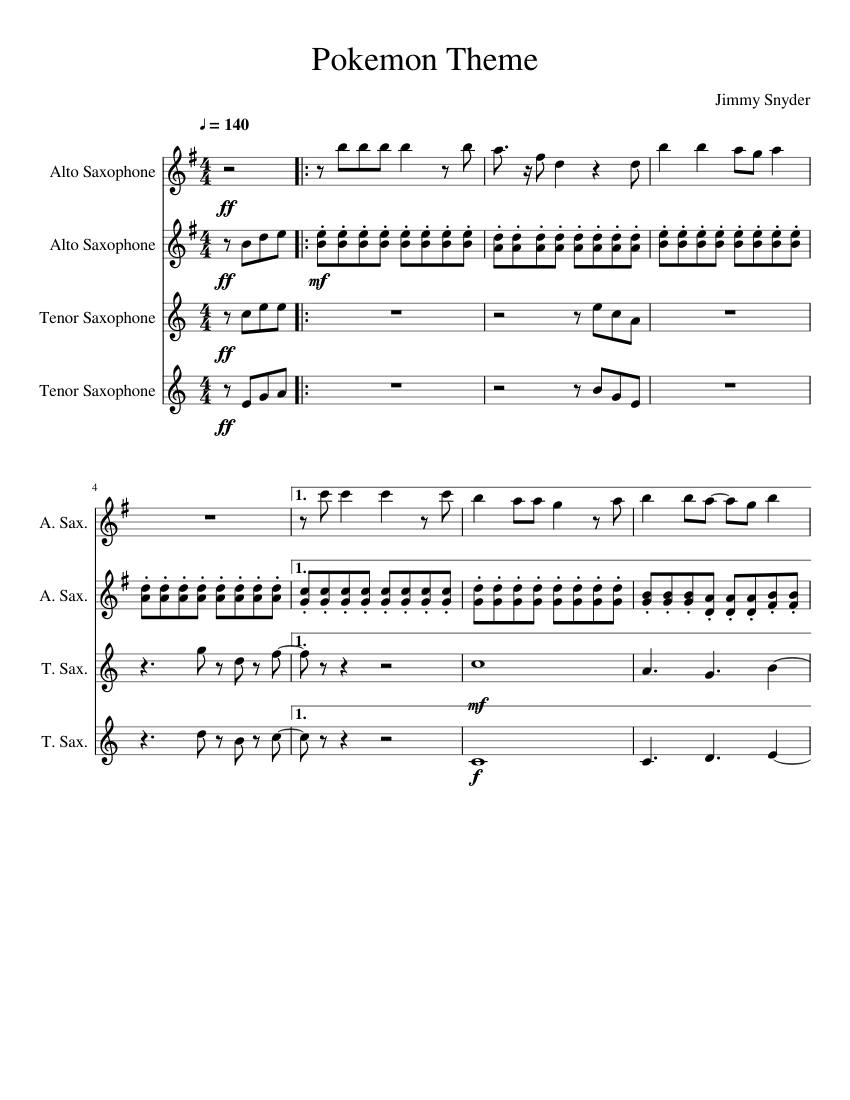 Pokemon Theme Sheet Music For Saxophone Alto Saxophone Tenor Woodwind Ensemble Musescore Com