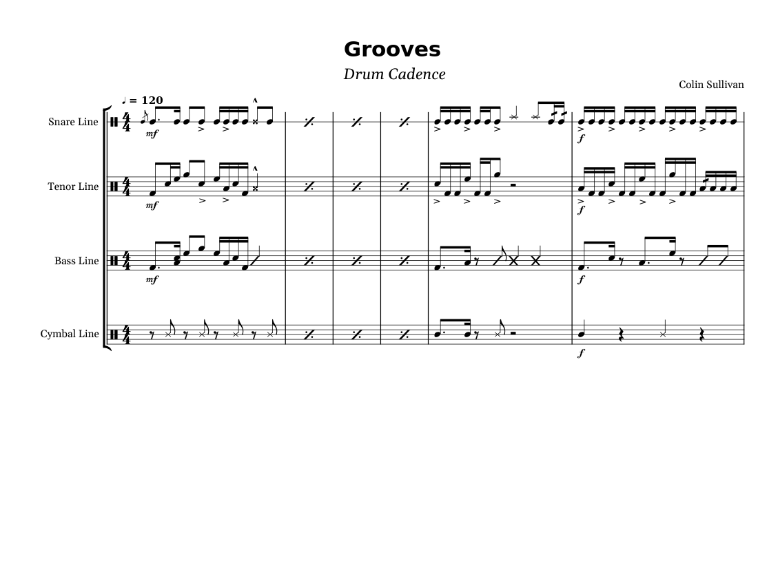 Grooves Sheet music for Snare drum, Crash, Tenor drum, Bass drum
