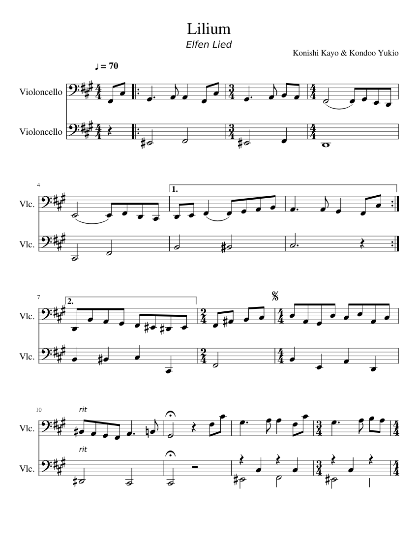 Elfen Lied - Lilium Sheet music for Cello (String Duet) | Musescore.com