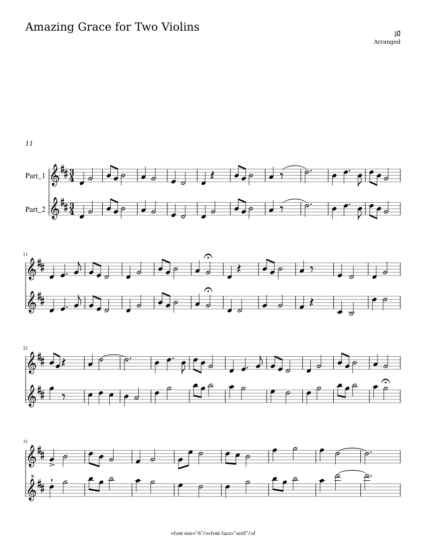 Amazing Grace Violin Duet Sheet music for Vocals (Choral) | Musescore.com