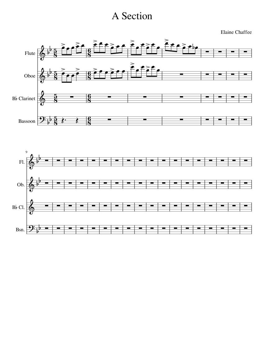 A_Section Sheet Music For Flute, Oboe, Clarinet In B-flat, Bassoon ...