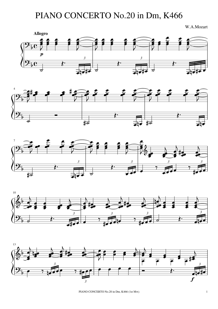 Mozart - Piano Concerto No.20,K.466 1st Mvt. Sheet music for Piano (Solo) |  Musescore.com