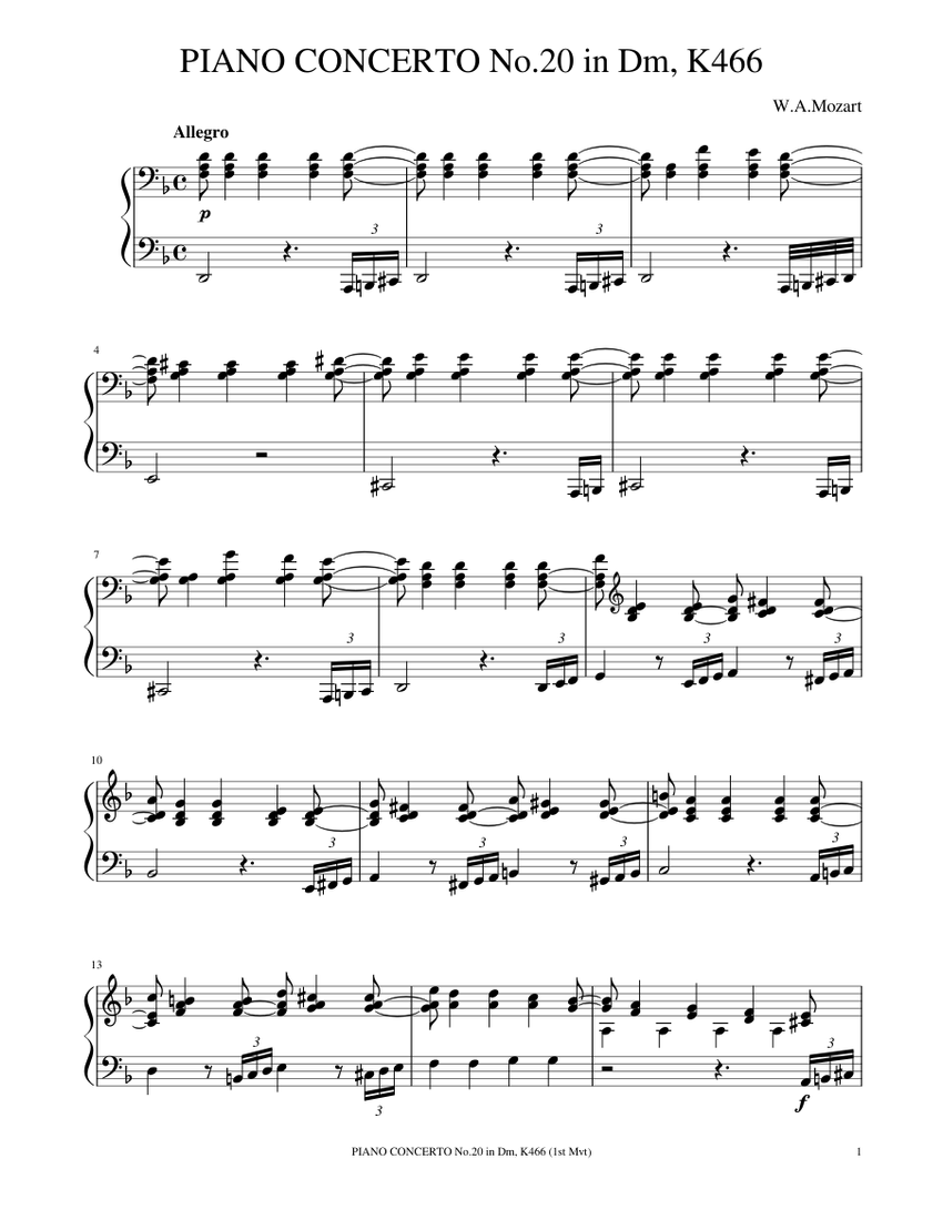 Mozart - Piano Concerto No.20,K.466 1st Mvt. Sheet music for Piano (Solo) |  Musescore.com
