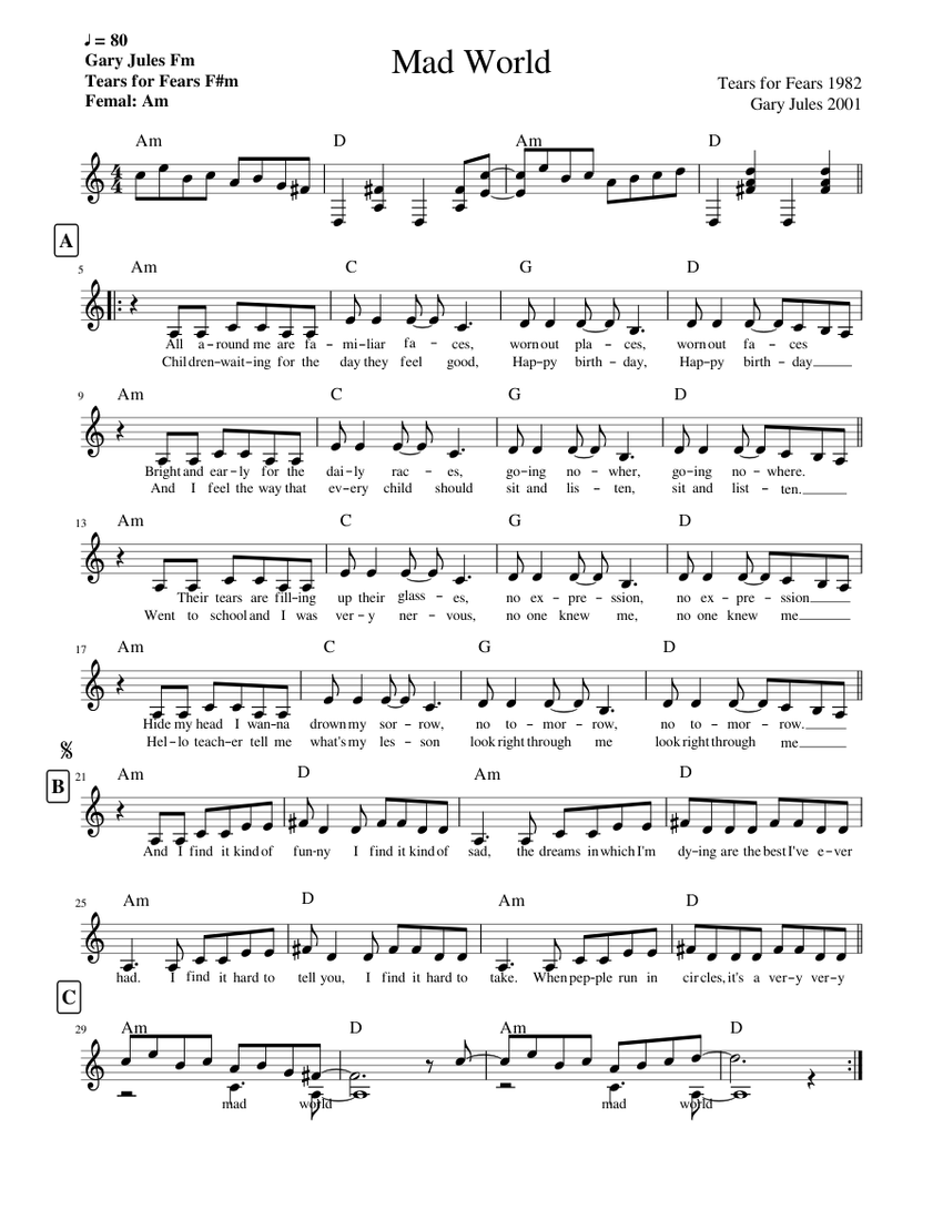 Mad World Sheet music for Piano (Solo) Easy