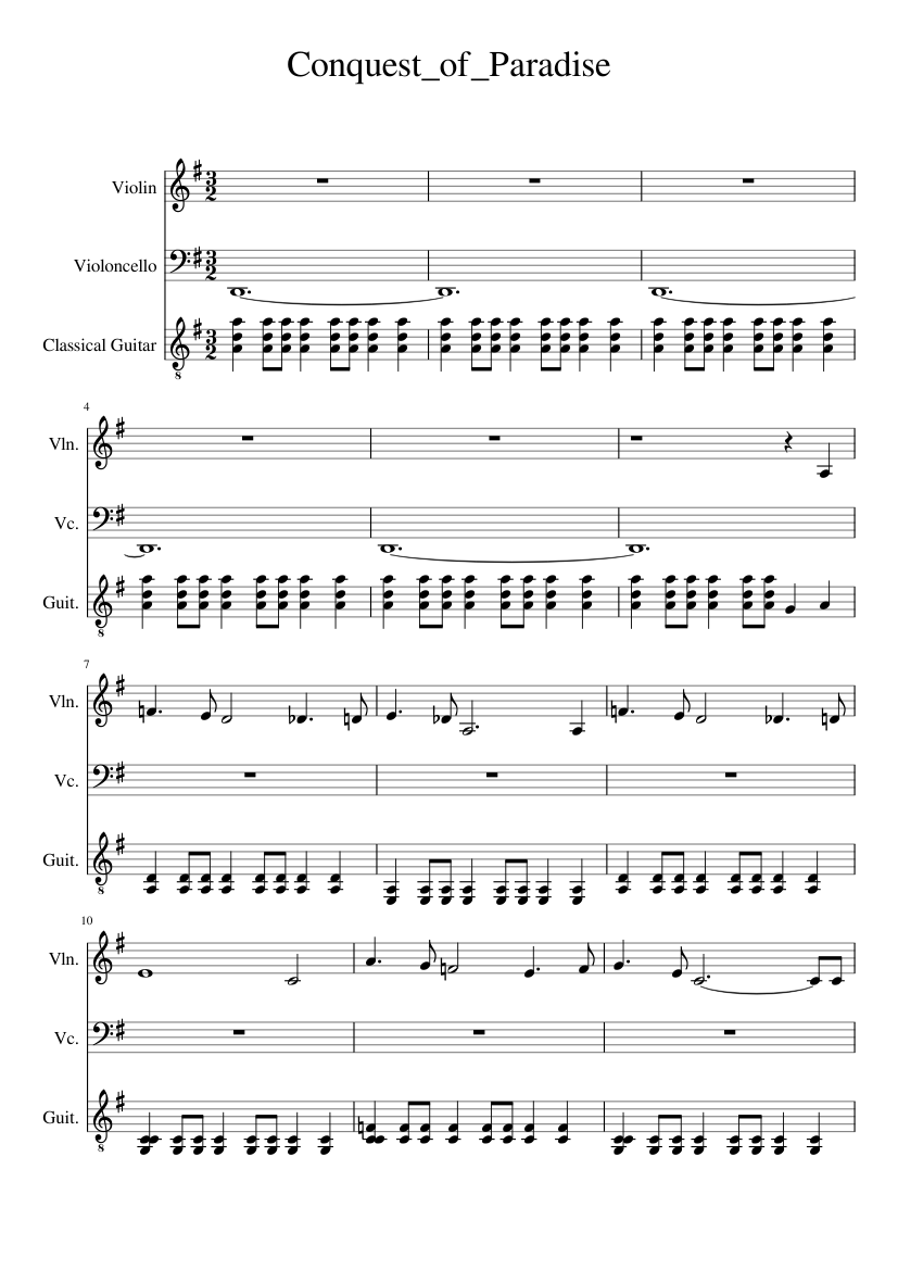 Conquest of Paradise Vangelis Sheet music for Violin, Cello, Guitar (Mixed  Trio) | Musescore.com