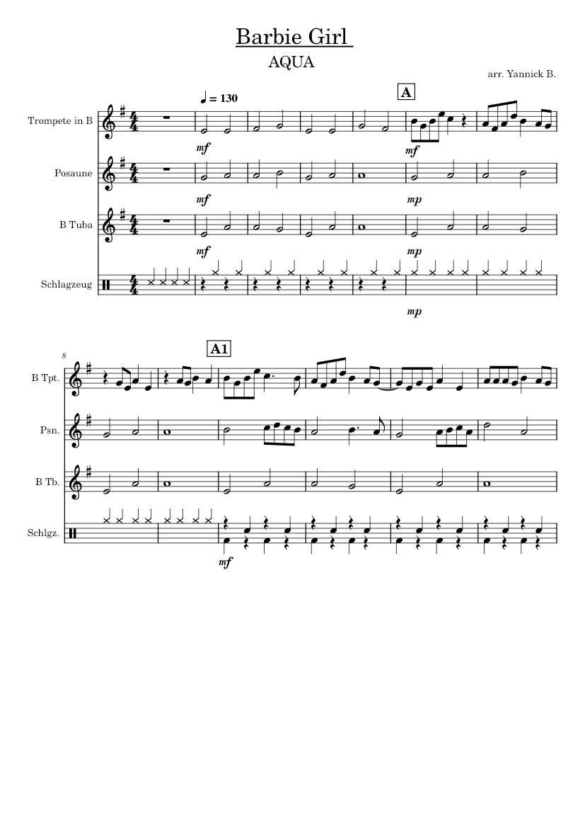 Barbie girl – Aqua Sheet Music for Trombone, Tuba, Trumpet in b-flat, Drum group (Brass Trio ...