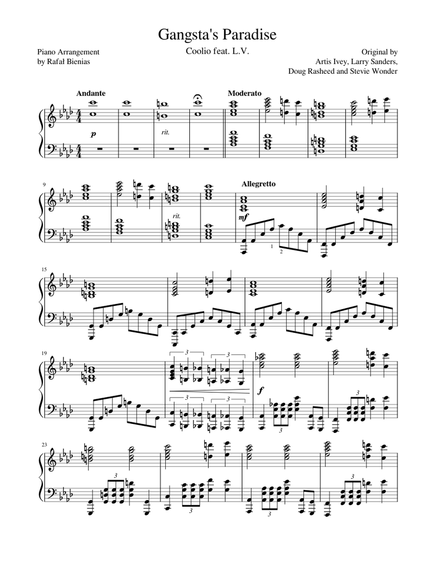Gangsta's Paradise - Coolio feat. L.V. Sheet music for Piano (Solo