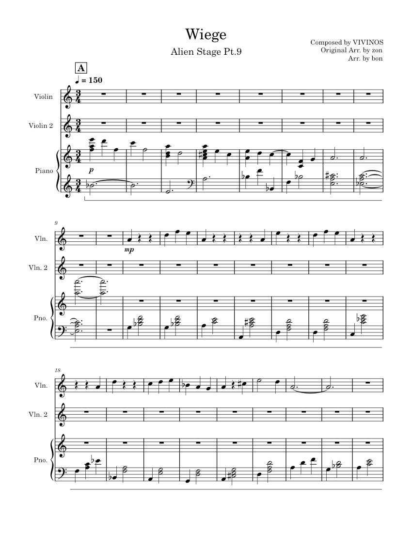 Wiege Notes Wiege - VIVINOS || Alien Stage (trio) Sheet Music for Piano, Violin ...