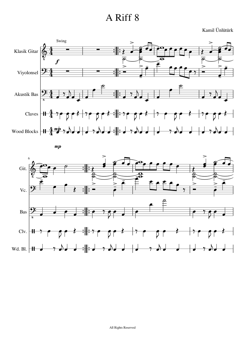 Riff Instruments A Riff 8 Sheet Music for Cello, Guitar, Bass guitar, Woodblock & more ...