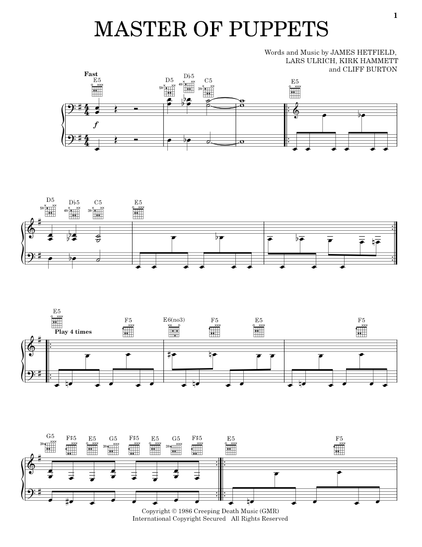 Puppet Note Music Play Official version of Master of puppets Sheet Music by Metallica for ...