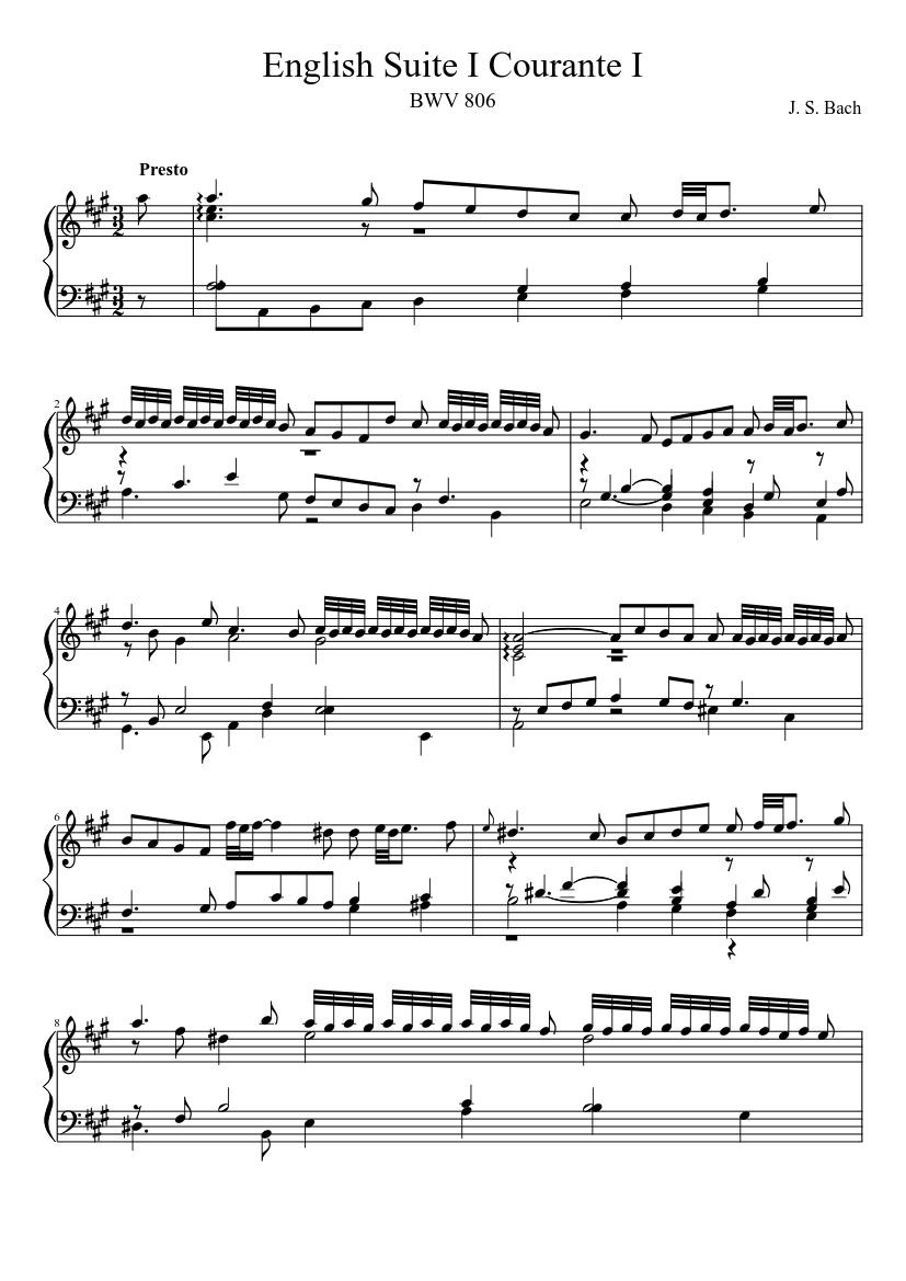 BWV 806 English Suite I Courante I Sheet Music for Harp (Solo