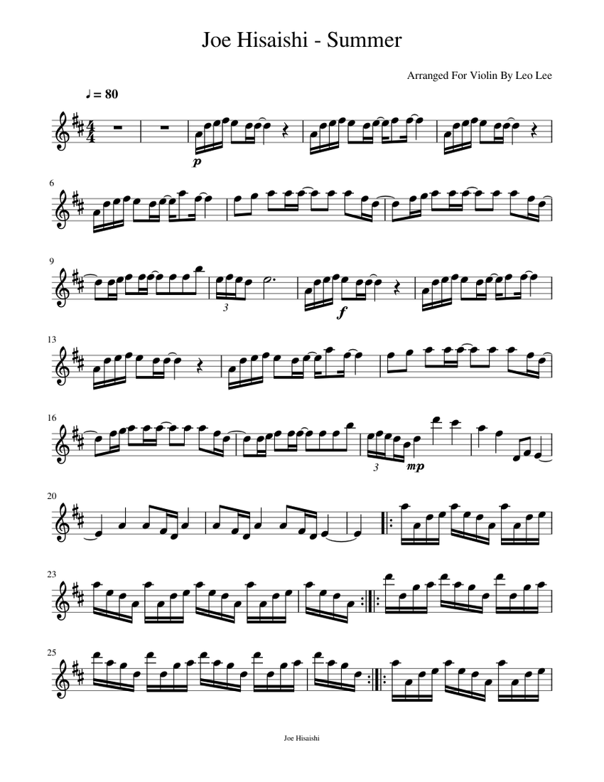 Joe Hisaishi-Summer-Violin Sheet music for Violin (Solo) | Musescore.com