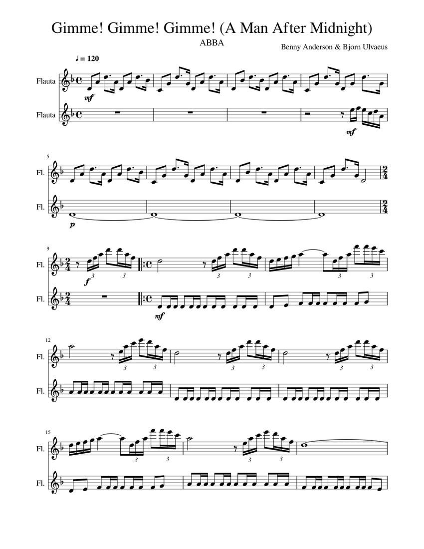 Gimme! Gimme! Gimme! (A Man After Midnight) Sheet music for Flute (Woodwind  Duet) | Musescore.com