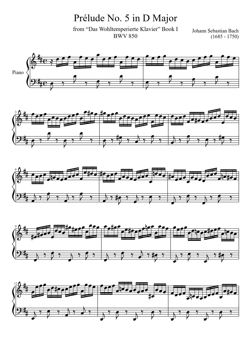 Prélude No. 5 BWV 850 in D Major Sheet music for Piano (Solo) |  Musescore.com