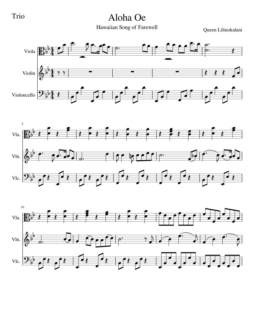 Aloha Oe string trio or piano Sheet music for Violin, Viola, Cello (String  Trio) | Musescore.com