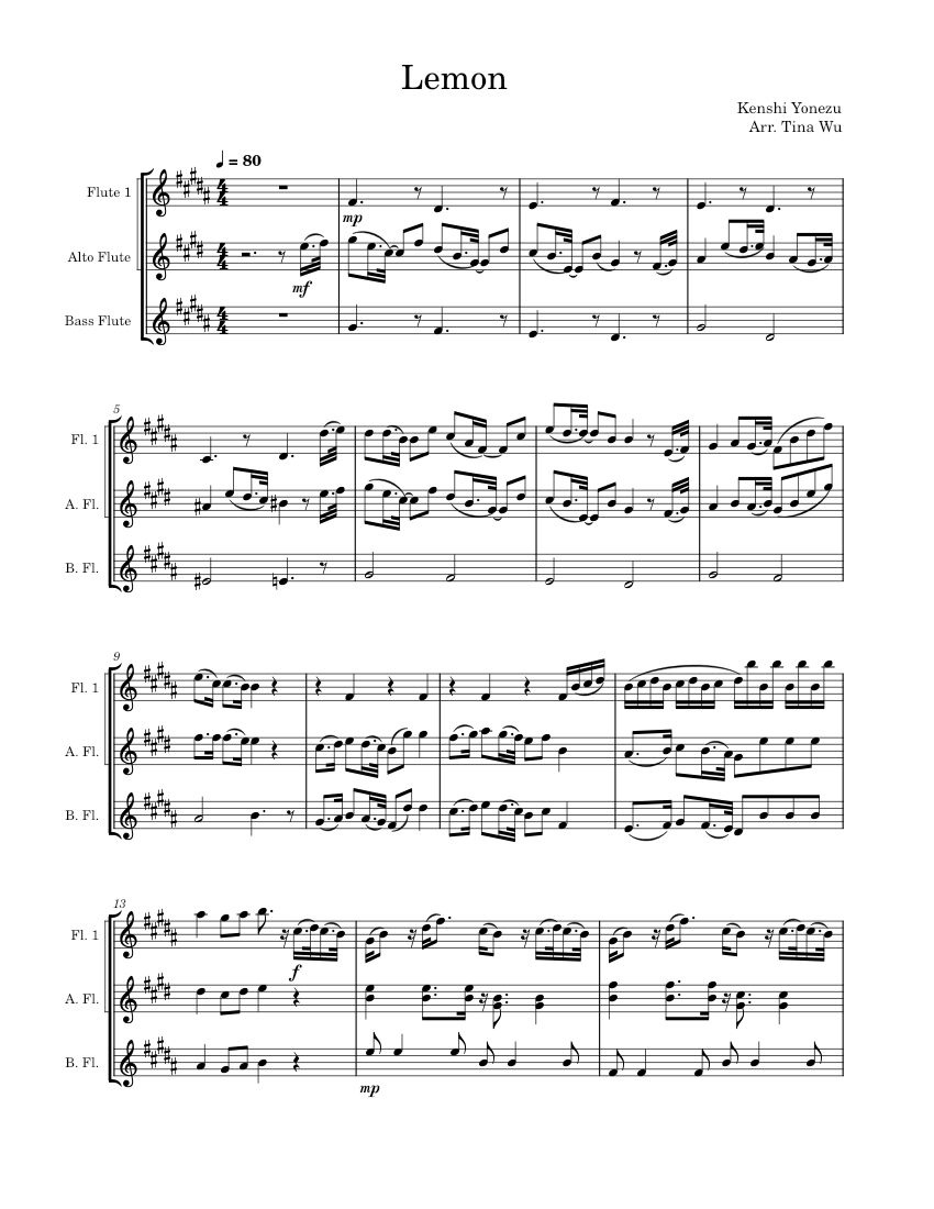 Lemon – Kenshi Yonezu (米津 玄師) Lemon Sheet Music for Flute, Flute alto ...