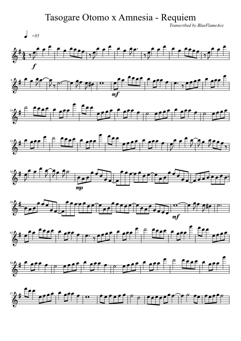Tasogare Otomo x Amnesia - Requiem Sheet Music for Piano (Solo