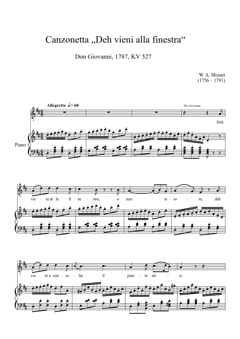 Canzonetta „Deh vieni alla finestra“ Sheet Music for Piano (Solo