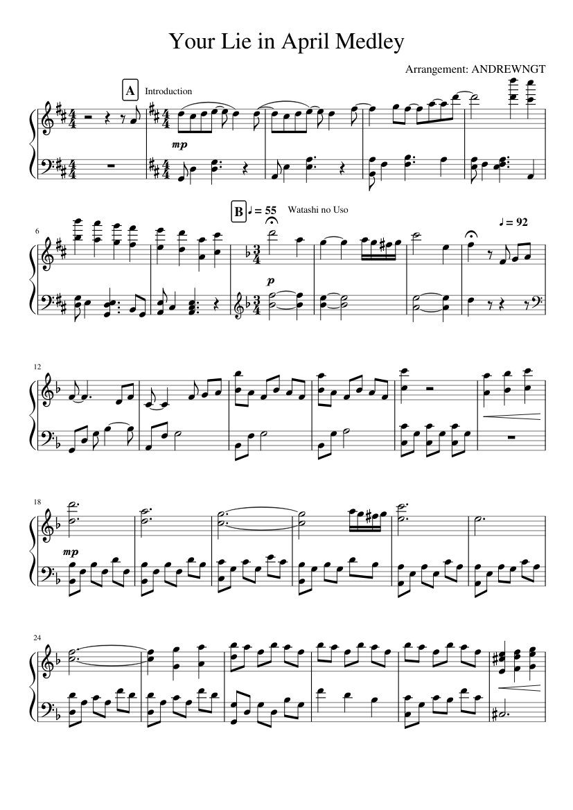 Shigatsu Wa Kimi No Uso ~ Piano Solo Sheet music for Piano (Solo