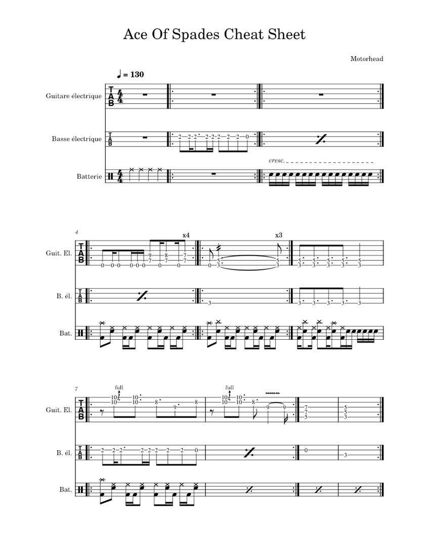 Cheat Sheet Ace Of Spades Sheet music for Guitar, Bass guitar, Drum