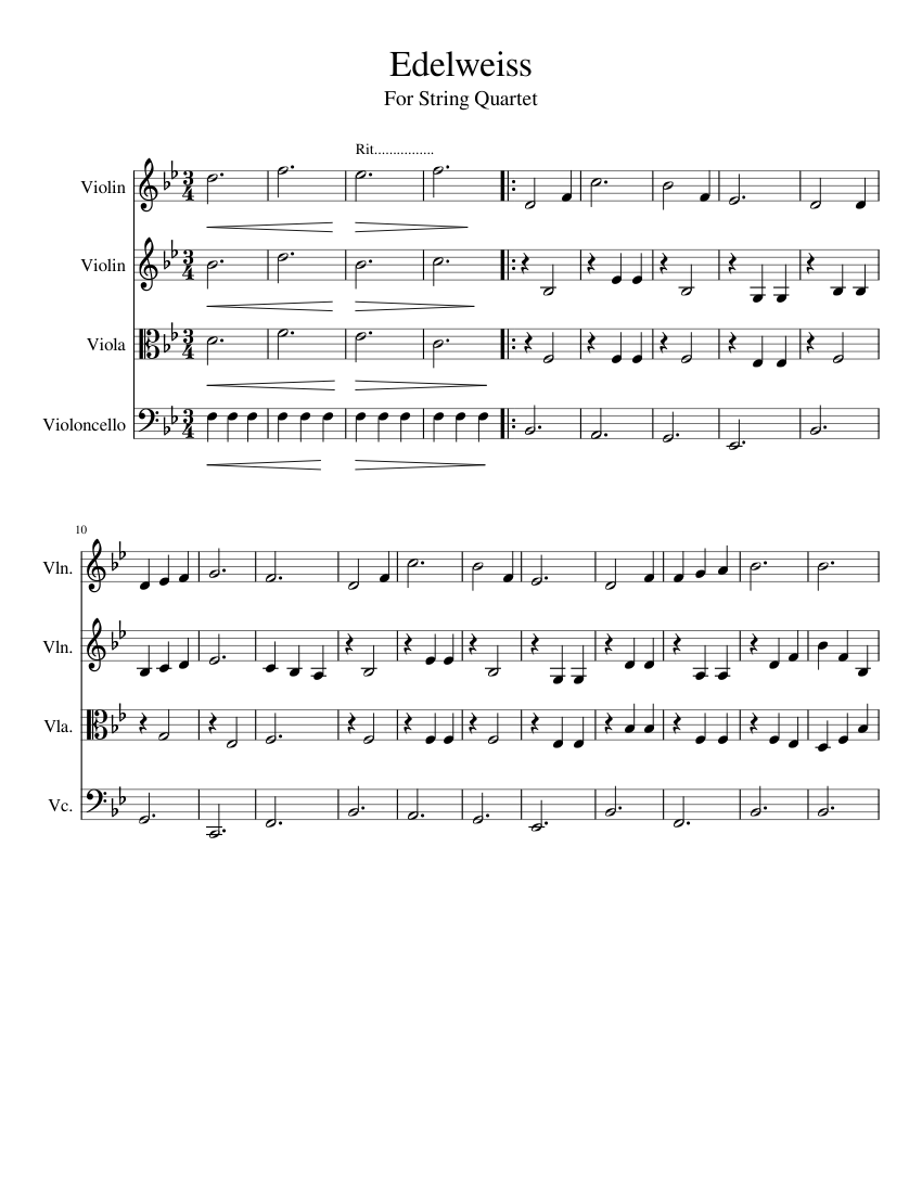 Edelweiss ~ Quartet Sheet music for Violin, Viola, Cello (String Quartet) |  Musescore.com
